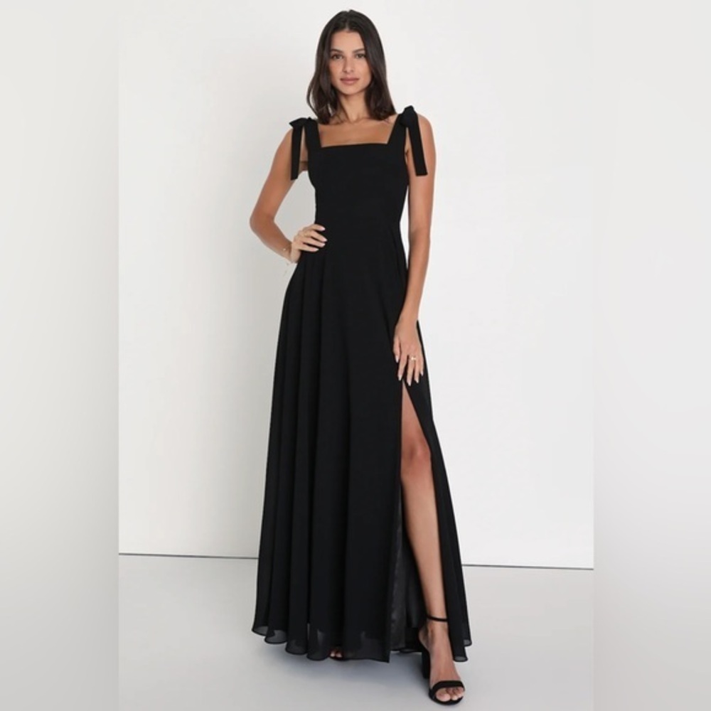NEW Lulus Love Me Forever Black Tie-Strap Square Neck Maxi Dress Sz Lrg